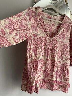 Magnolia Pearl Bondi Hand Block Print Blouse Raw Edges Hi-Lo Silk Cotton OSFM